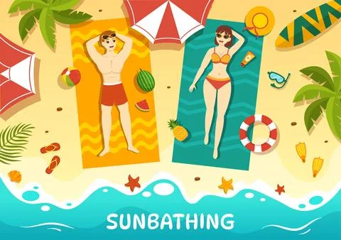 Sunbathing Vector Illustration of People Lying on Chaise Lounge and Relaxin.. Stock Illustration