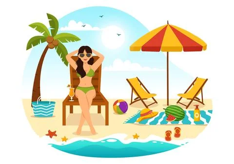 Sunbathing Vector Illustration of People Lying on Chaise Lounge and Relaxin.. Stock Illustration