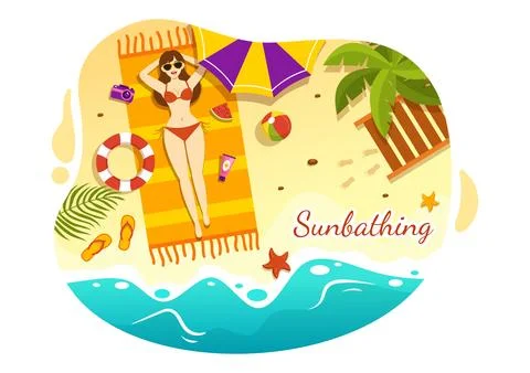 Sunbathing Vector Illustration of People Lying on Chaise Lounge and Relaxin.. Stock Illustration