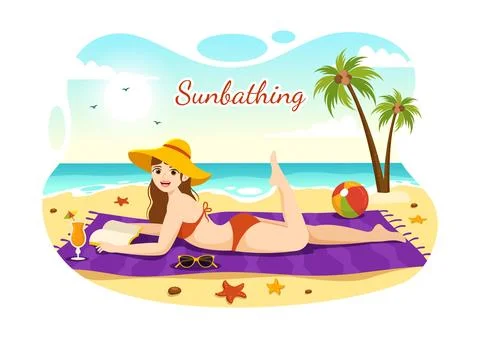 Sunbathing Vector Illustration of People Lying on Chaise Lounge and Relaxin.. Stock Illustration