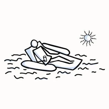 Sunbathing Vector Stick Figure Person. Relaxing with Drink on Pool float In Sun Stock Illustration