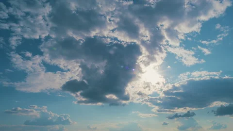Sunbeam With Haze On Blue Sky. Clouds With Sun Rays. Background And Dramatic Stock Footage 265718301