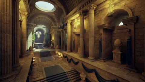 Sunbeam illuminates arched marble pathway with guardian lions Stock Footage 340339107