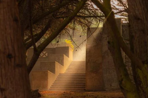 Sunbeam lights up steps in a park in San Francisco Stock Photos