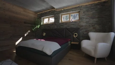 Sunbeam moves across a modern rustic bedroom with stone and wood walls in an Stock-Footage 335198828