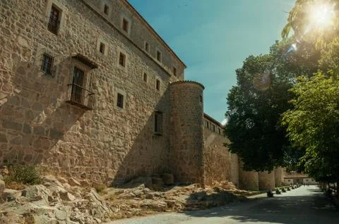 Sunbeam passing through leafy tree beside the city wall of Avila Stock Photos