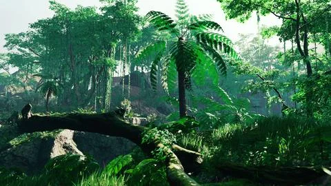 Sunbeam shine through the green forest Illustrazione stock