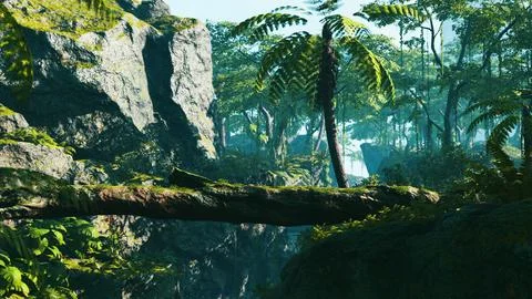 Sunbeam shine through the green forest Illustrazione stock