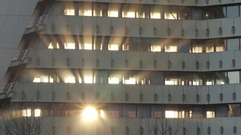 Sunbeams abandoned building wide Stock Footage 82442773
