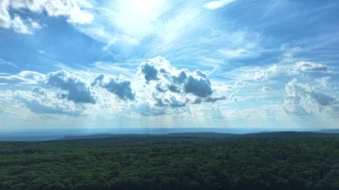 Sunbeams and Clouds Over Lush Forest and Distant Hills, Quabbin Reservoir Stock Footage 340260183