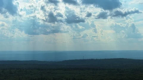 Sunbeams Break Through Dramatic Clouds Over Expansive Forest Landscape Stock Footage 340007894