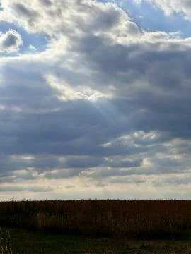 Sunbeams Breaking Through Clouds Over Open Field Landscape Foto stock