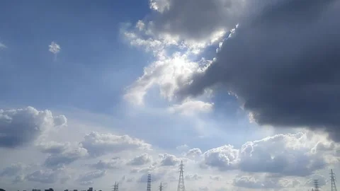Sunbeams Breaking Through Cumulus Clouds in Blue Sky Background Vidéo 340470560