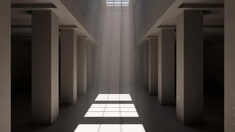 Sunbeams falling through skylight onto columns. 3d animation Stock Illustration