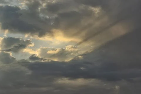 Sunbeams piercing the clouds at dawn. Stock Photos