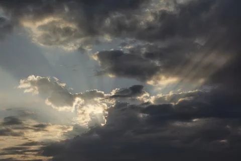 Sunbeams piercing the clouds at dawn. Stock Photos