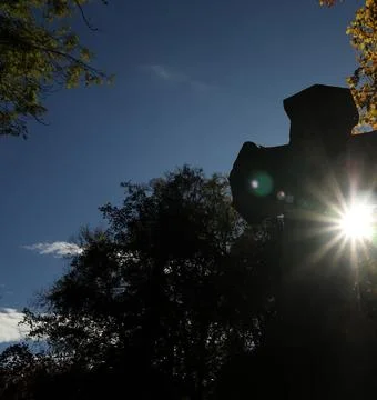 Sunbeams Shining Through Trees Over a Tombstone in a Peaceful Cemetery Stock Photos