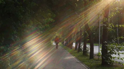 Sunbeams striking camera lens with man walking Stock Footage 52127974