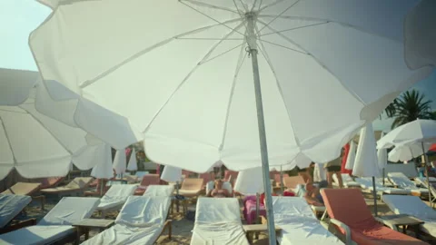 Sunbeds arranged on a sandy beach under an array of white umbrellas, offering Stockbeeldmateriaal 343203974