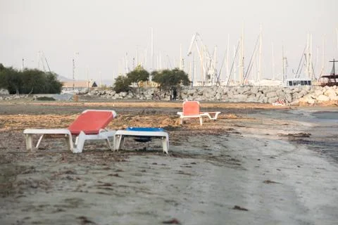 Sunbeds on beach Larnaca Stock Photos