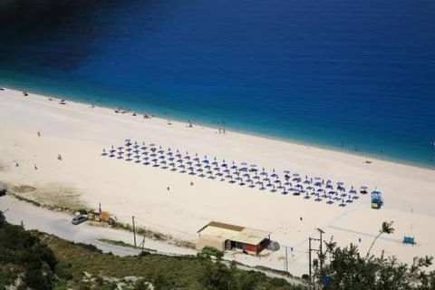 Sunbeds on myrtos beach Stock Photos
