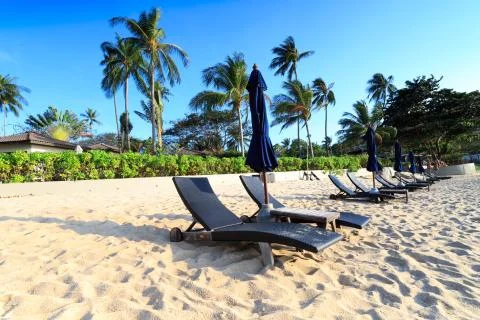 Sunbeds on sand Stock Photos
