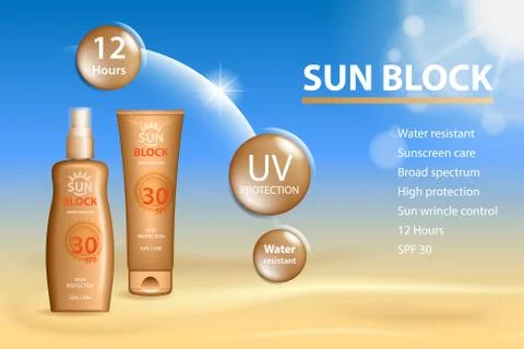 Sunblock ads template, sun protection cosmetic products. Sunblock cream and Stock Illustration