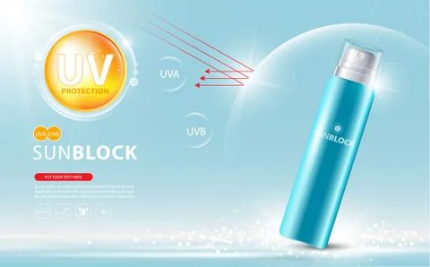 Sunblock ads template, sun protection cosmetic products design with moisturizer. Illustrazione stock