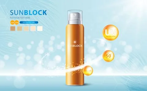 Sunblock ads template, sun protection cosmetic products design with moisturizer. Ilustración de archivo