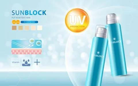 Sunblock ads template, sun protection cosmetic products design with moisturizer. Stock-Illustration