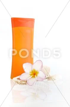 Sunblock with flower and shells Stock Photos
