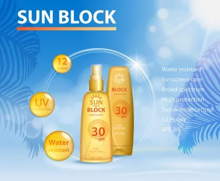 Sunblock UV protection ads template, sun care protection cosmetic products Stock Illustration