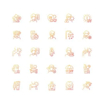 Sunburn and sunstroke prevention gradient linear vector icons set Stock Illustration