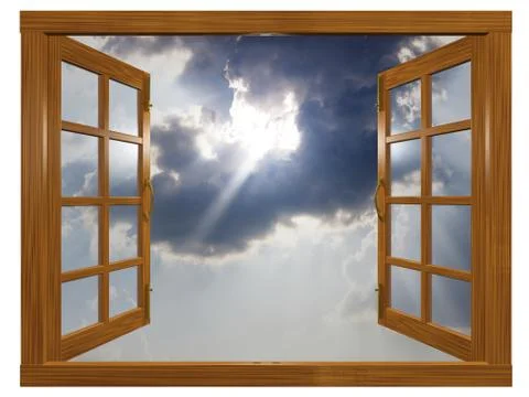 Sunburst Cloudscape through Open Wood Window Stock Illustration