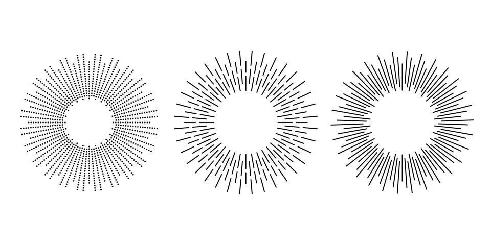 Sunburst frames set. Retro sun light rays element collection. Vintage radial Stock Illustration