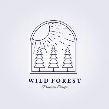 Sunburst pine tree forest logo vector illustration design badge emblem simple Stock Illustration