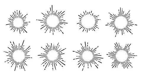 Sunburst ray vintage frame element set. Star burst ray hand drawn shine, hipster Stock Illustration