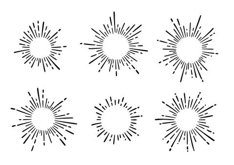 Sunburst ray vintage frame element set. Star burst ray hand drawn shine, hipster Stock Illustration