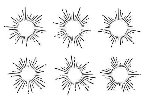 Sunburst ray vintage frame element set. Star burst ray hand drawn shine, hipster Stock Illustration