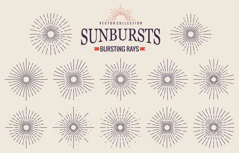 Sunbursts firework explosion, bursting or light rays, linear drawing and borders Stock Illustration