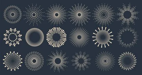 Sunbursts firework explosion, bursting or light rays, linear drawing and borders Stock Illustration