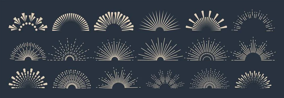 Sunbursts firework explosion, bursting or light rays, linear drawing and borders 스톡 일러스트