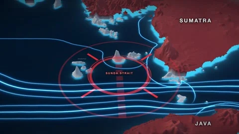 Sunda Strait 3D terrain relief map on a near-black sea 動画素材 344266069