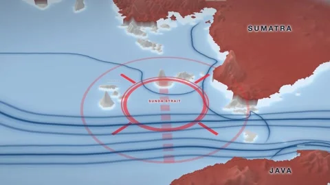 Sunda Strait naval blockade map on a pale 3D terrain relief Stock Footage 344265725