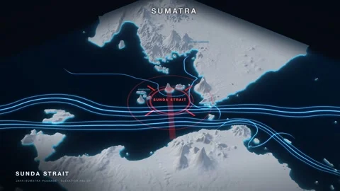 Sunda Strait white 3D terrain relief map on a black sea with glowing cyan Stock Footage 344008781
