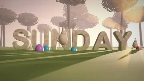 Sunday Pale Stone Letters on a Spring Meadow at Sunrise with Painted Eggs and Stock Footage 342367750