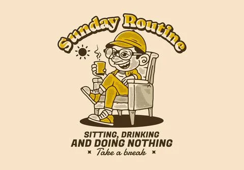 Sunday routine, sitting drinking and doing nothing, a man relaxing on a cha.. Illustrazione stock