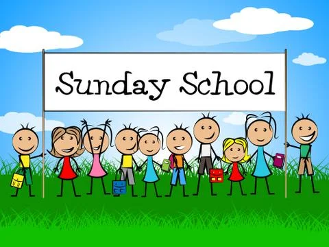 Sunday school banner showing devotee church and kids Stock Illustration