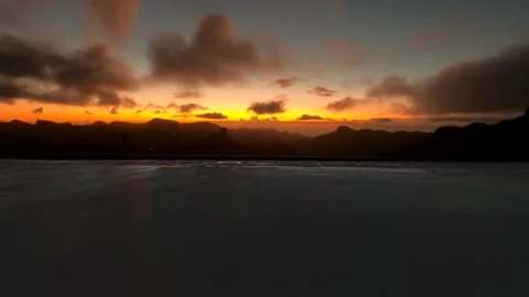 Sundown with mountain silhouettes seen from the edge of a pool Stock Footage 313267746