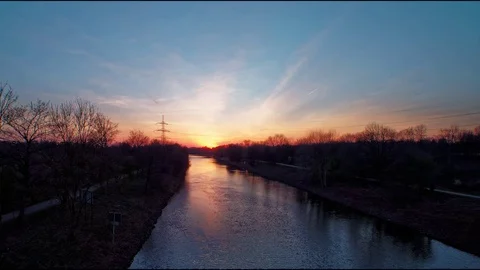 Sundown over river with passing ship Video stock 73790612